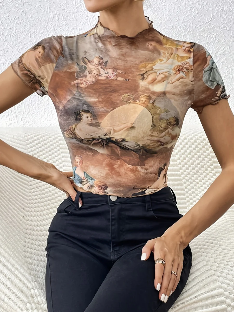 Printed Short Sleeve Mesh Sheer Tops - Image 9