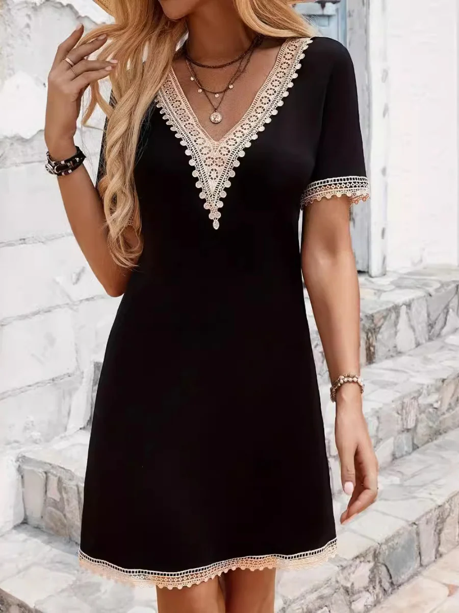 Lace Stitching Loose-fit Short Sleeve Mini&Short Dresses