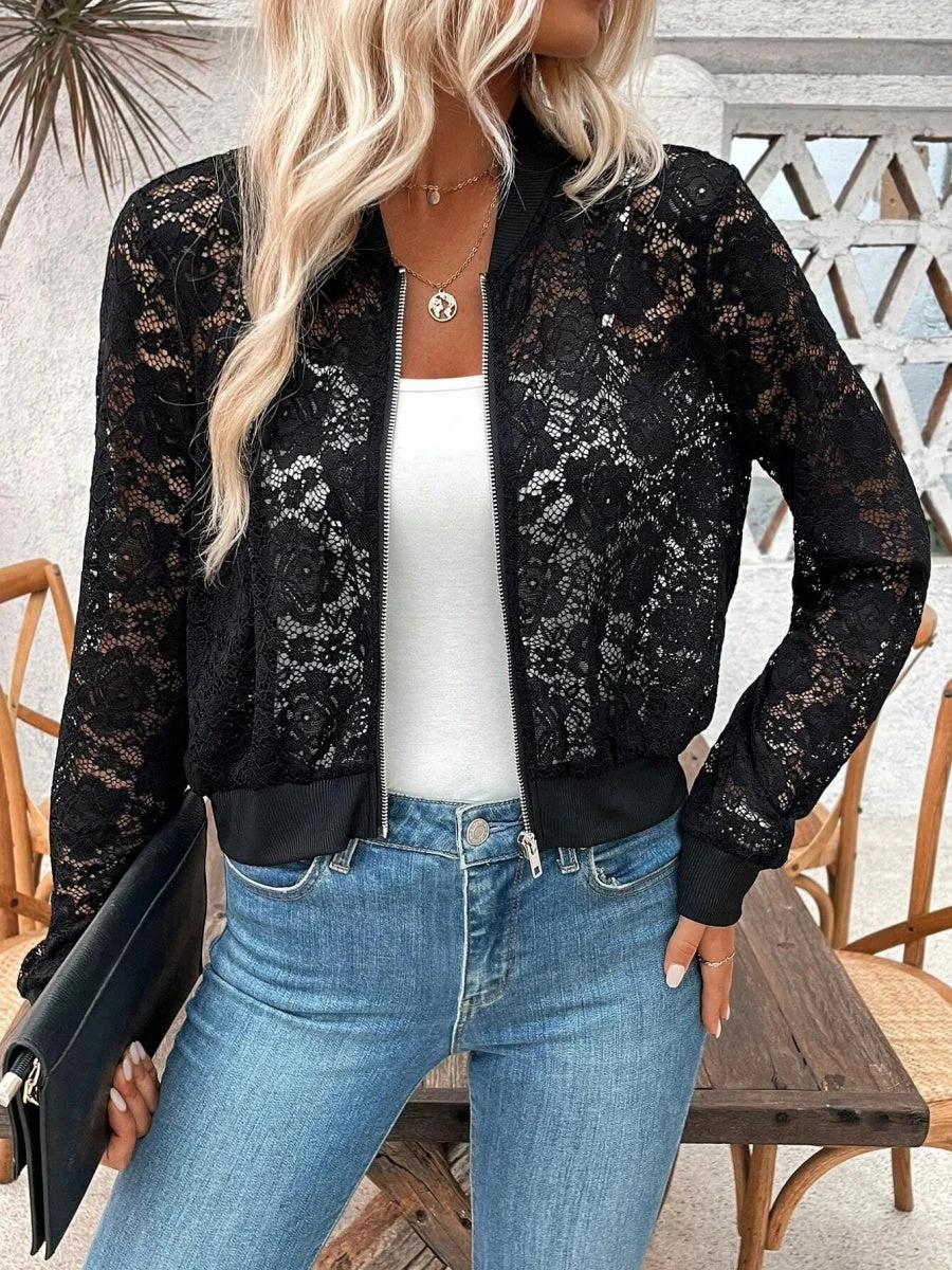 Short Lace Jacquard Lace Perspective Zipper Jacket Jackets - Image 3
