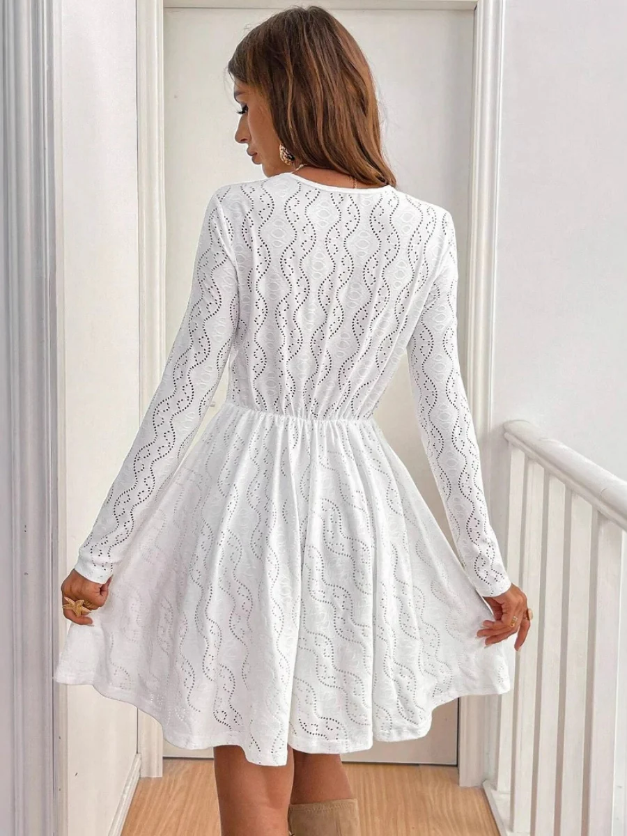 Hollow Lace Splicing Long Sleeve Mini&Short Dresses - Image 2