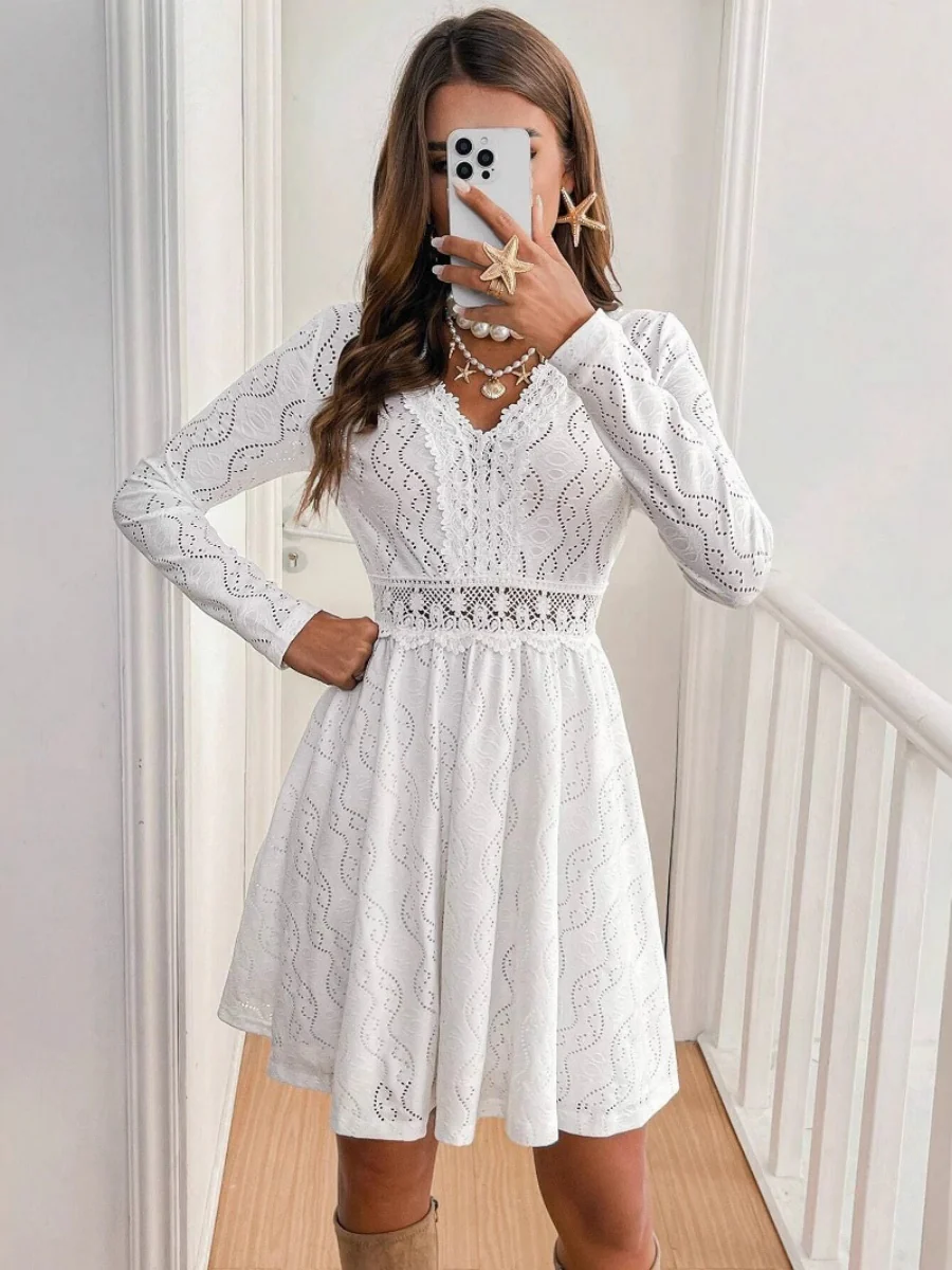 Hollow Lace Splicing Long Sleeve Mini&Short Dresses - Image 4