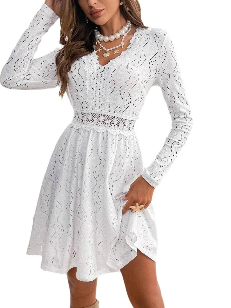 Hollow Lace Splicing Long Sleeve Mini&Short Dresses - Image 5