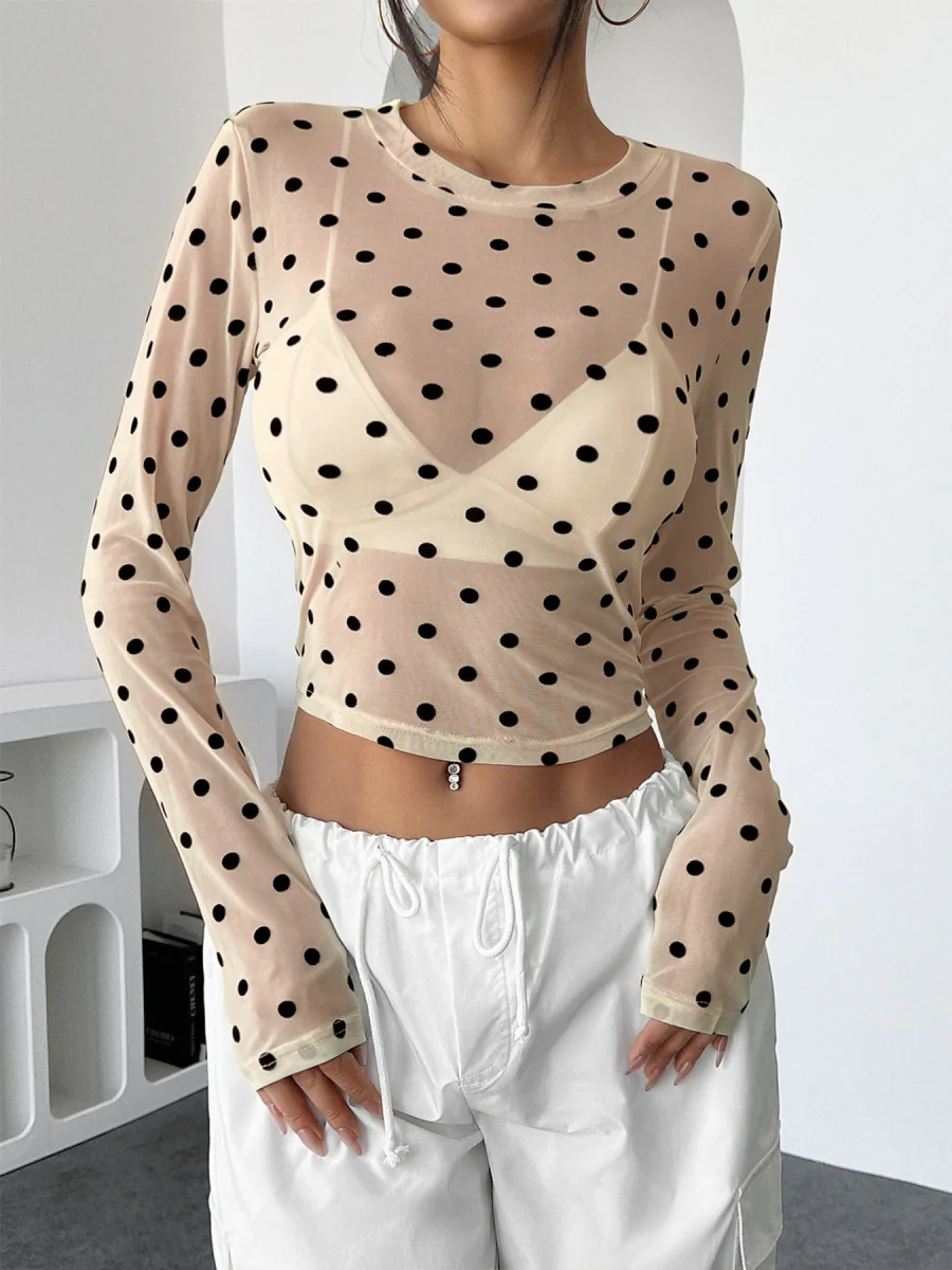 Polka Dots Mesh T-shirt Sheer Tops - Image 2
