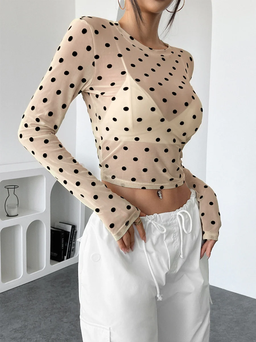 Polka Dots Mesh T-shirt Sheer Tops - Image 3