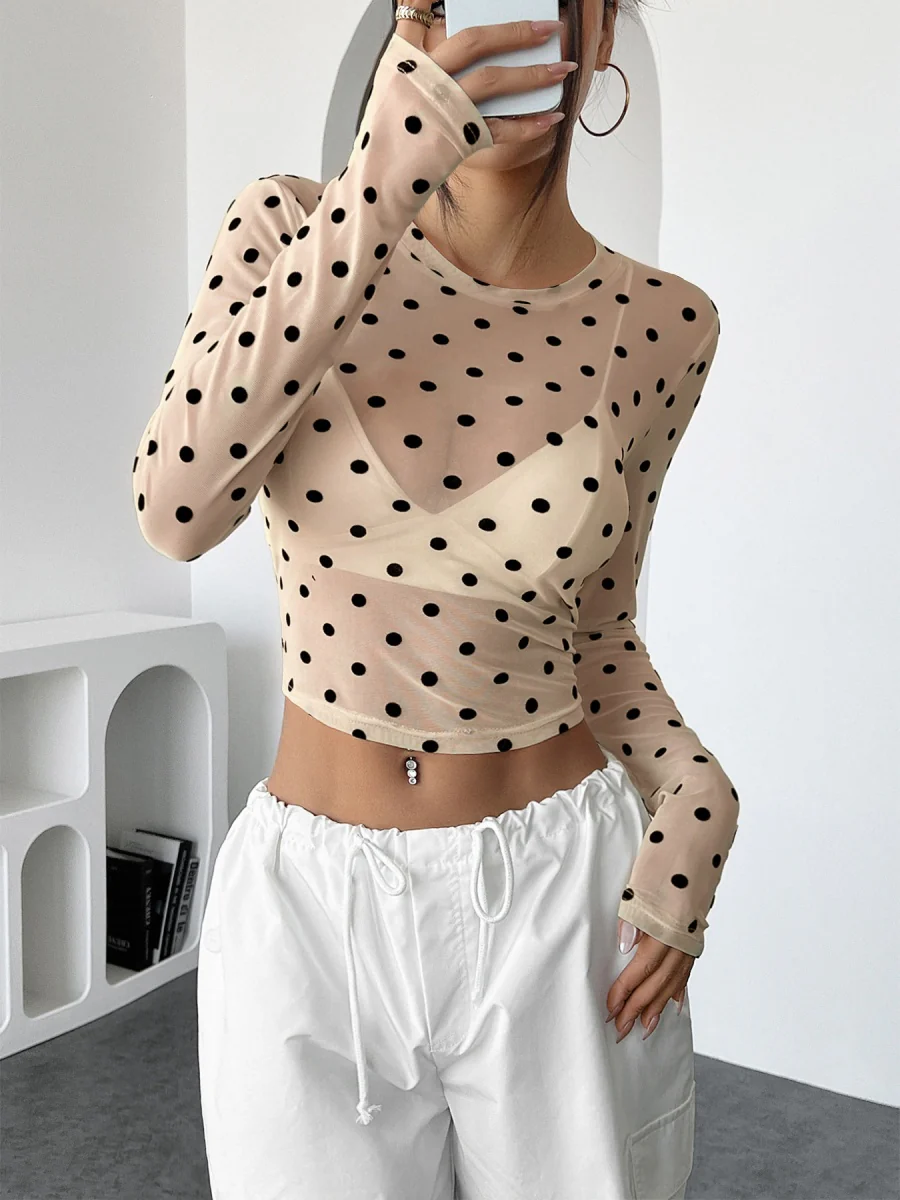 Polka Dots Mesh T-shirt Sheer Tops - Image 4