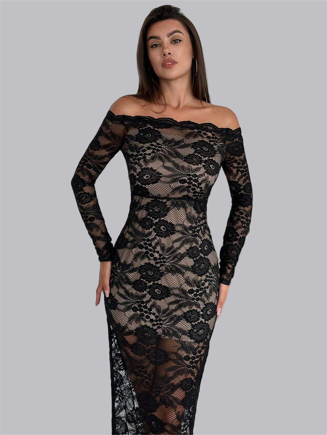 Liber Spring Women's Lace Geometric Patterns Maxi Dresses - Image 2