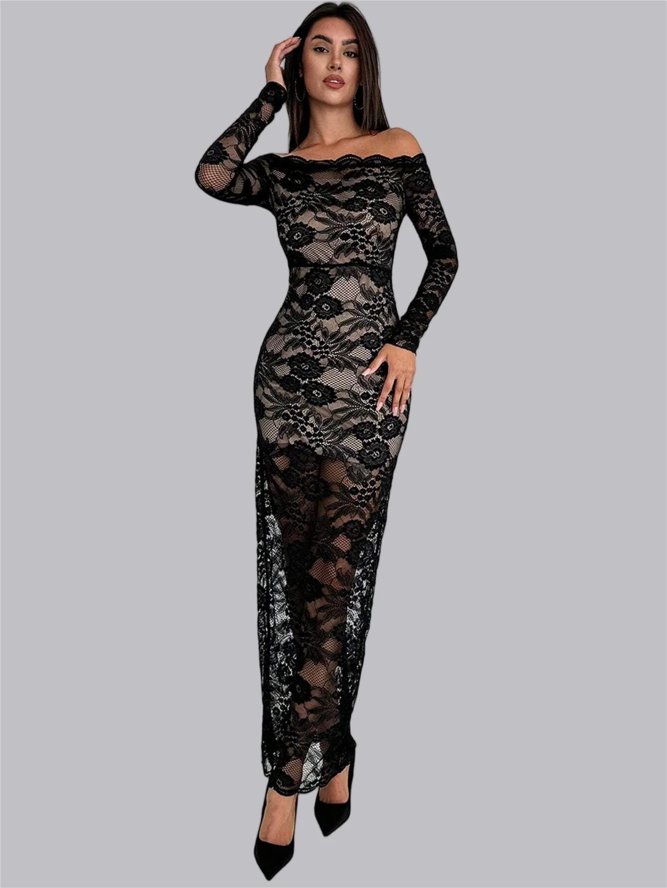Liber Spring Women's Lace Geometric Patterns Maxi Dresses - Image 3