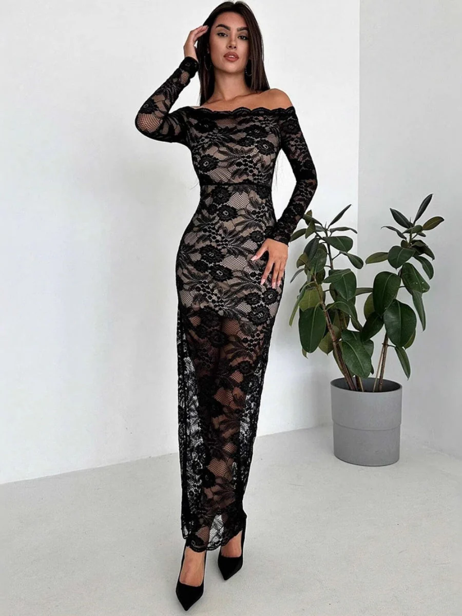 Liber Spring Women's Lace Geometric Patterns Maxi Dresses - Image 7