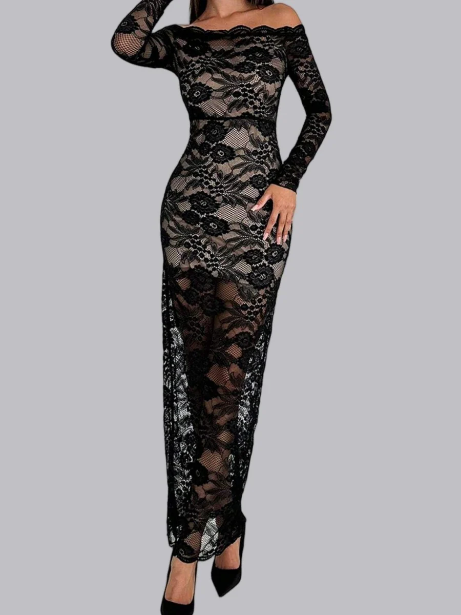 Liber Spring Women's Lace Geometric Patterns Maxi Dresses - Image 8