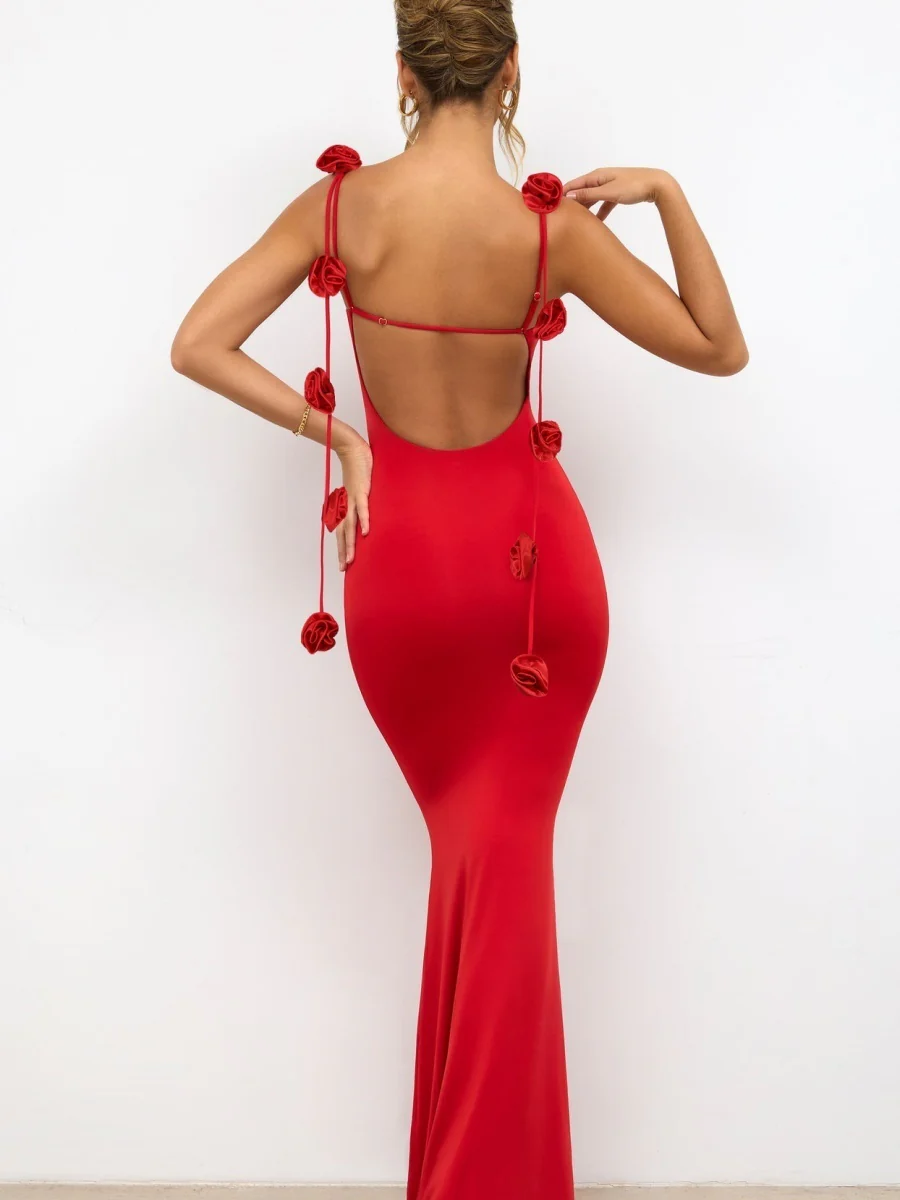 Backless 3D Floral Shoulder Strap Satin Formal Dress Red Midi Dresses - Image 5