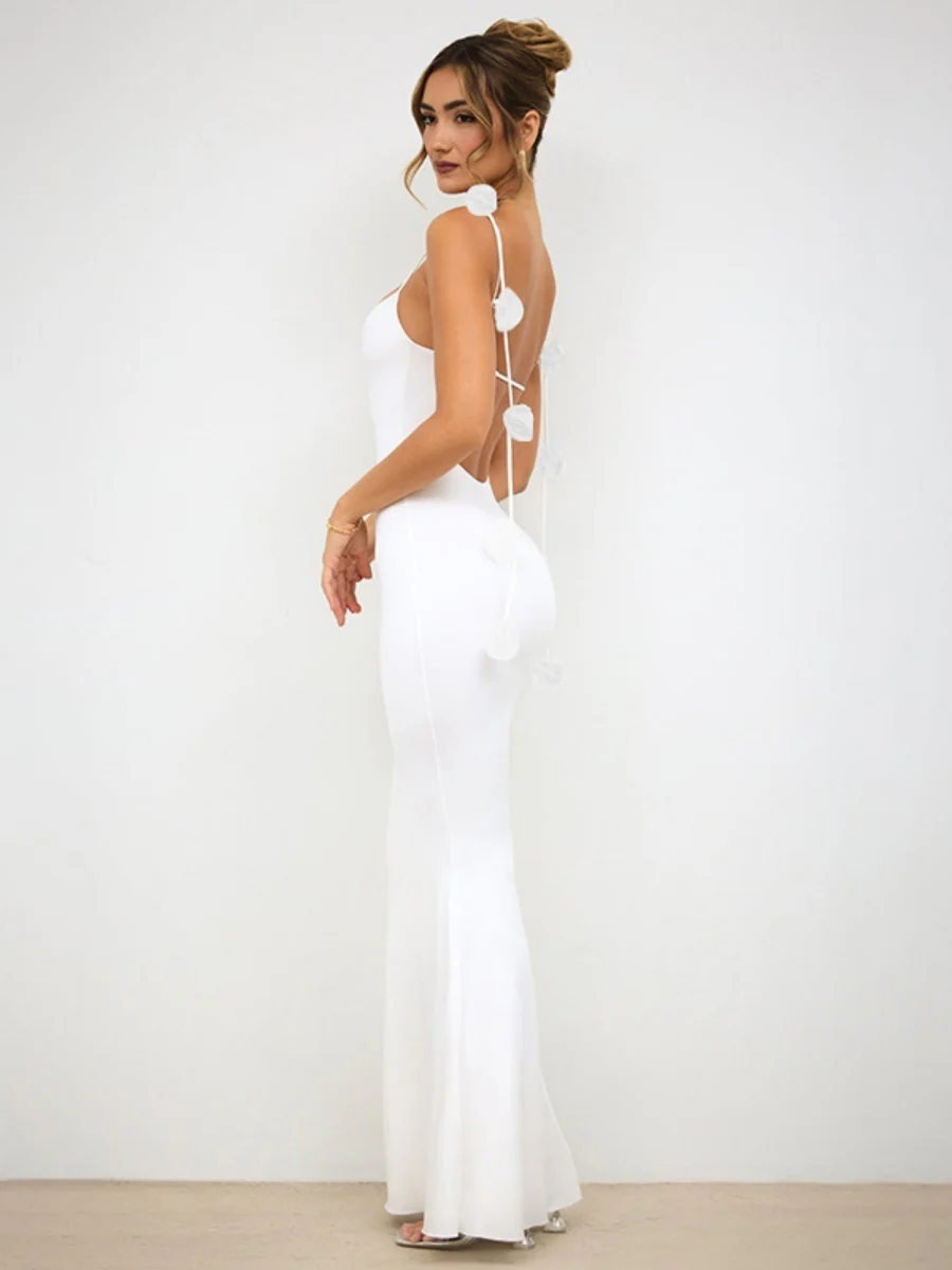 Backless 3D Floral Shoulder Strap Satin Formal Dress Red Midi Dresses - Image 9