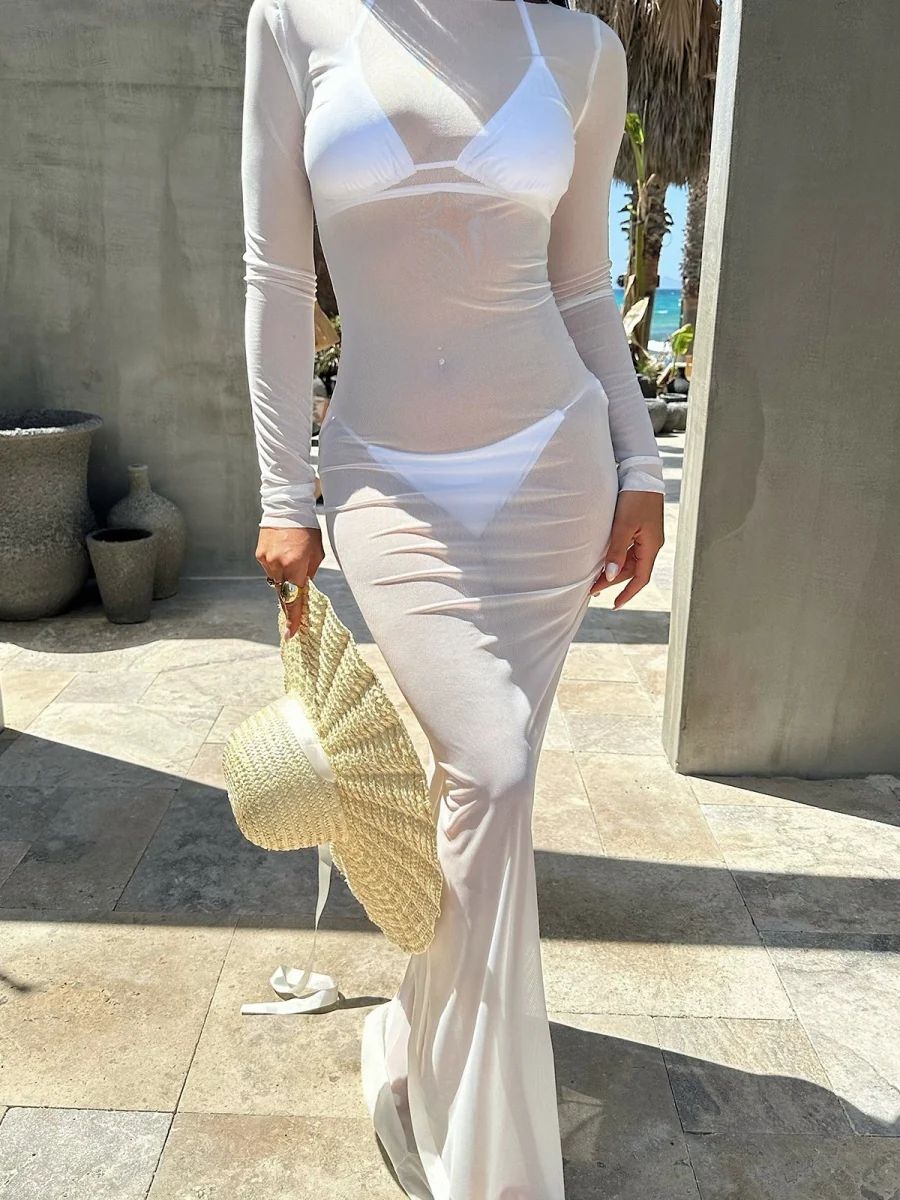 Mesh See-through Off Shoulder Sexy Maxi Dresses - Image 5