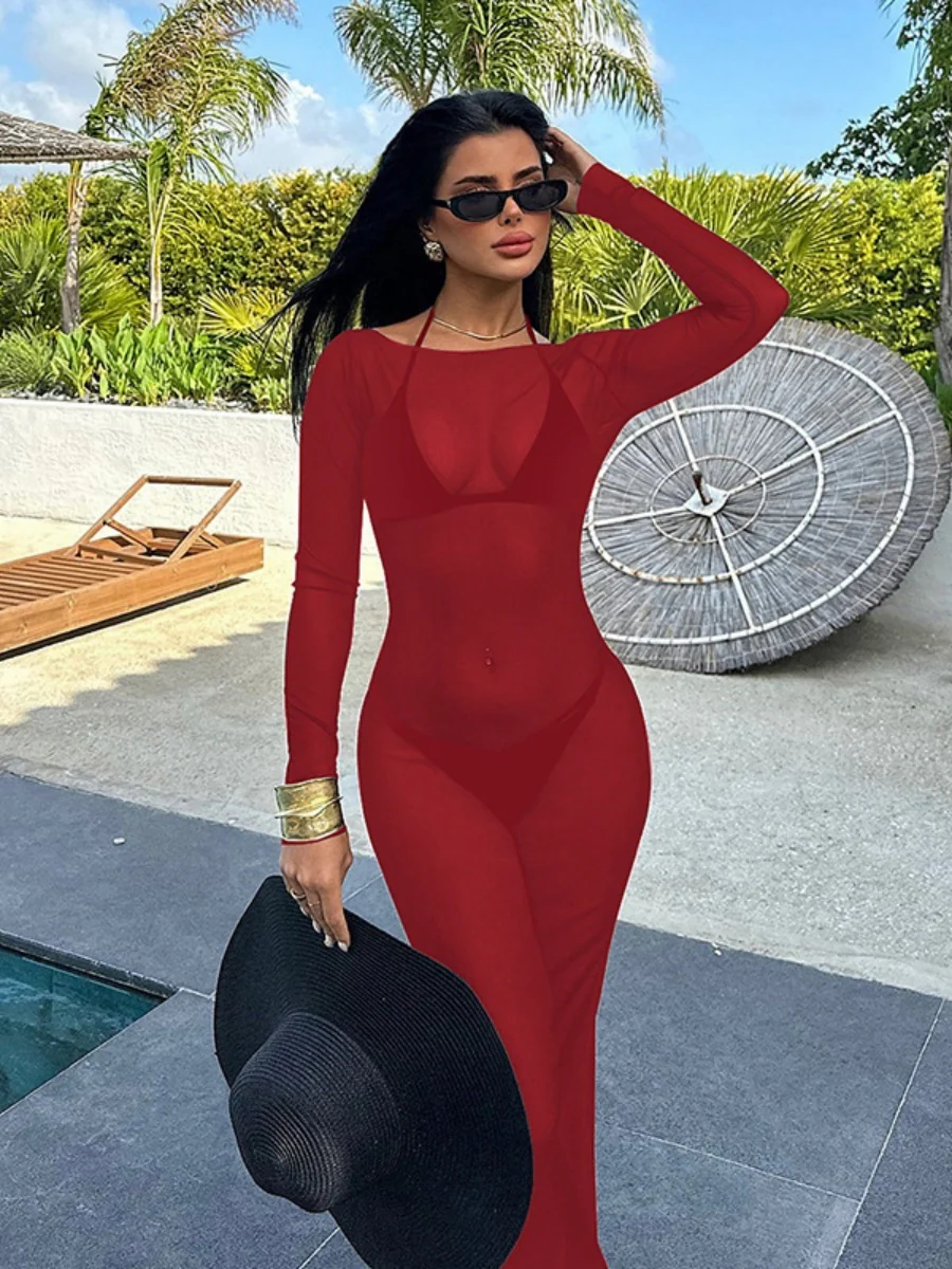 Mesh See-through Off Shoulder Sexy Maxi Dresses - Image 9