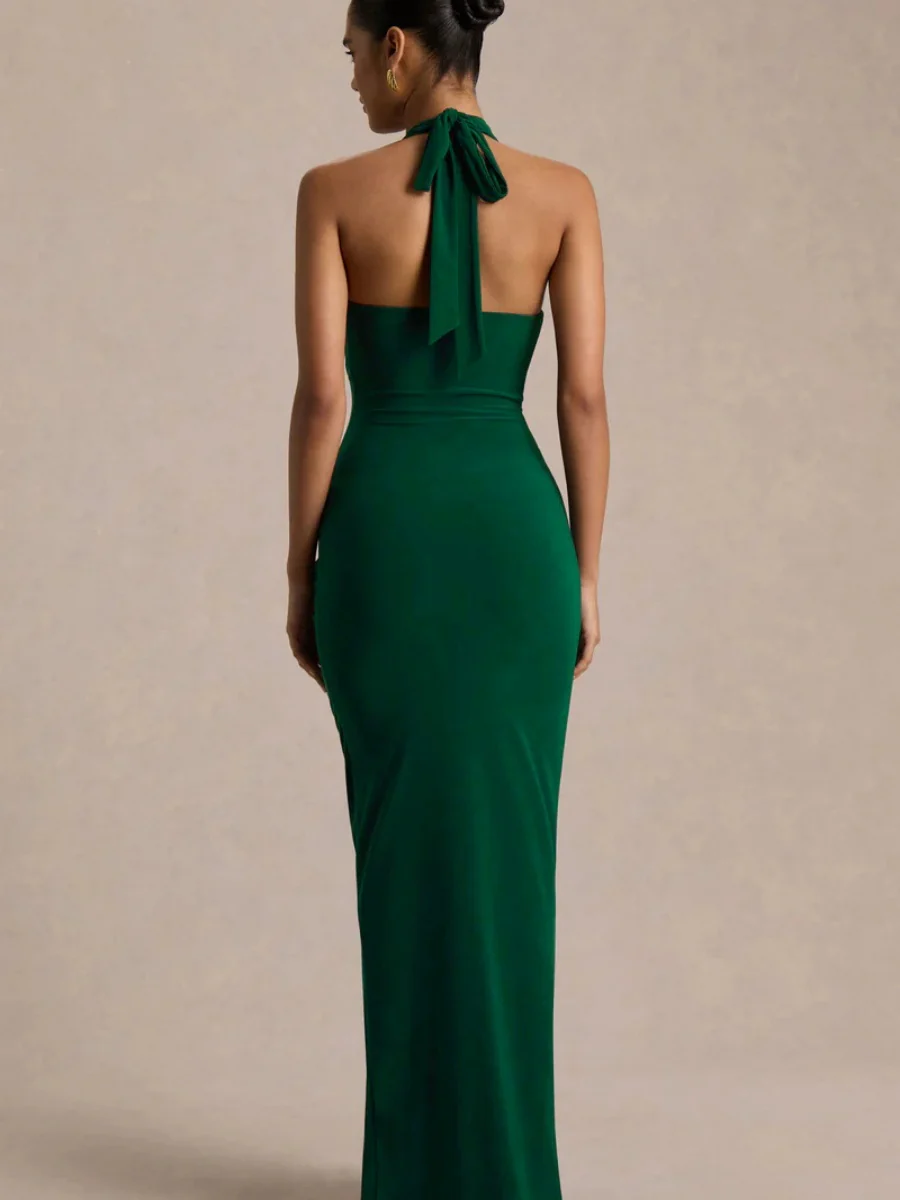 V-neck Halter Temperament Pleated Hip-hugging Big Backless Midi Dresses - Image 2