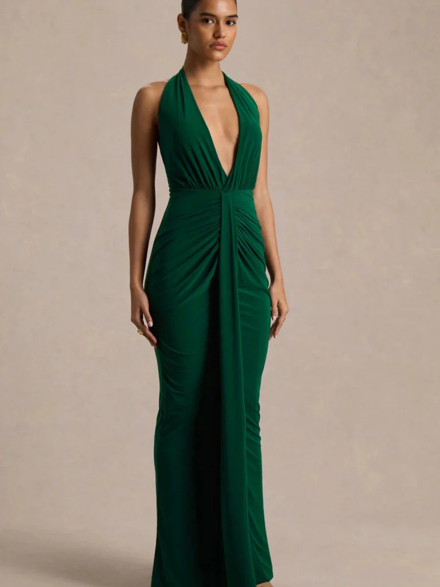 V-neck Halter Temperament Pleated Hip-hugging Big Backless Midi Dresses - Image 4