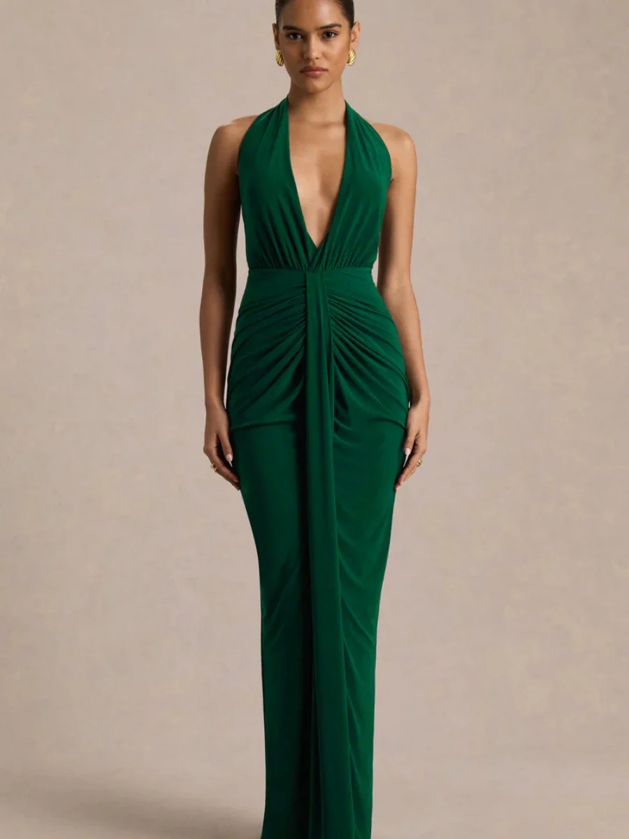 V-neck Halter Temperament Pleated Hip-hugging Big Backless Midi Dresses - Image 5