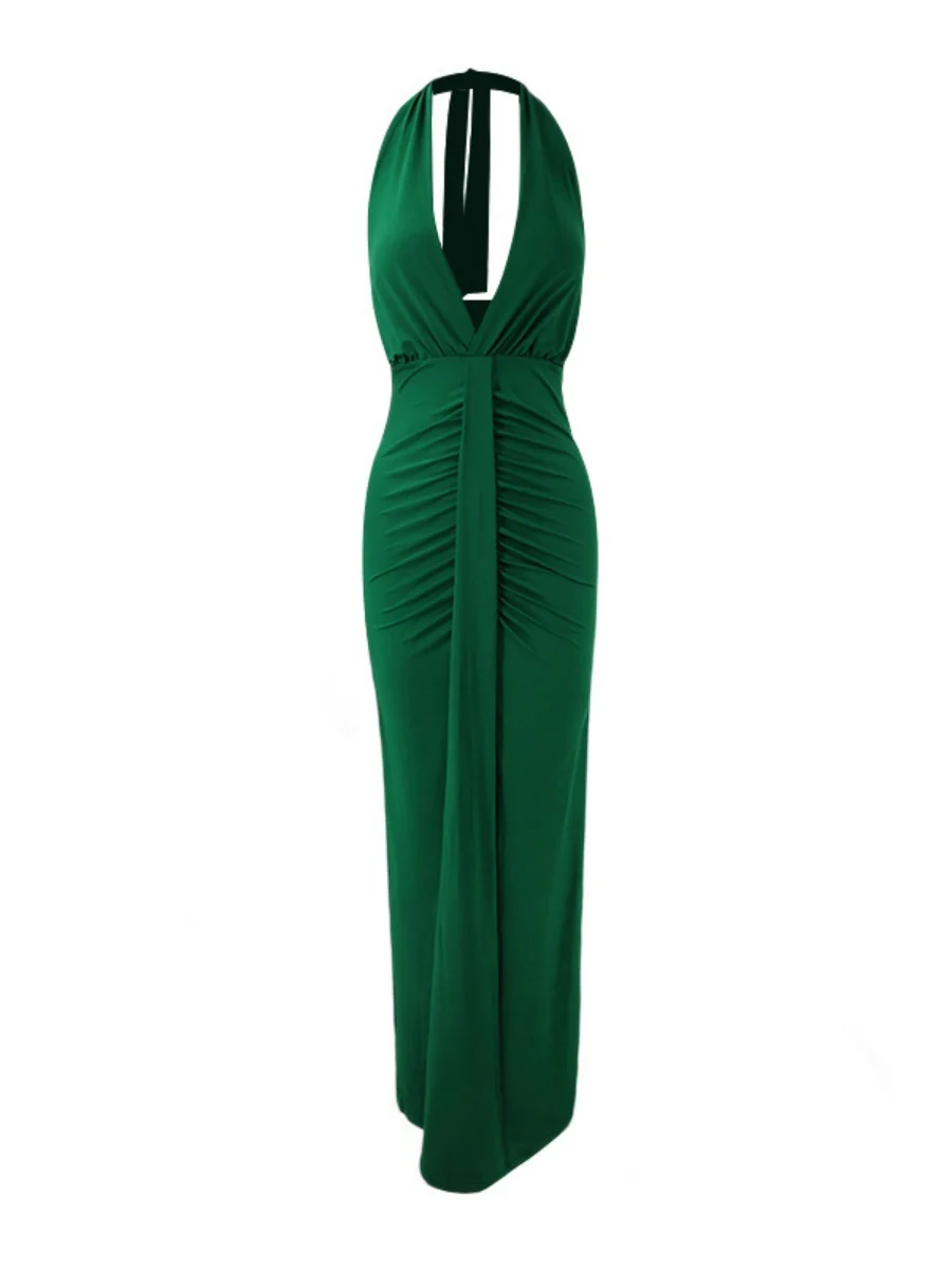V-neck Halter Temperament Pleated Hip-hugging Big Backless Midi Dresses - Image 6