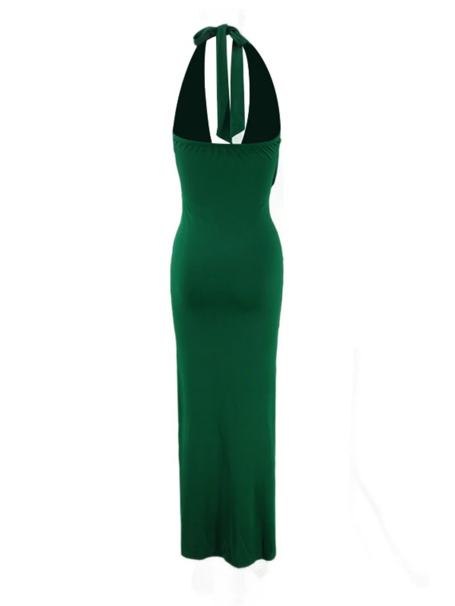 V-neck Halter Temperament Pleated Hip-hugging Big Backless Midi Dresses - Image 7