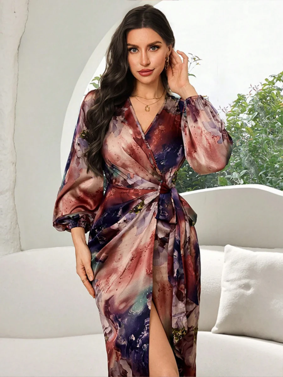 Printed V-neck Cardigan With Belt Midi Dresses - Image 10