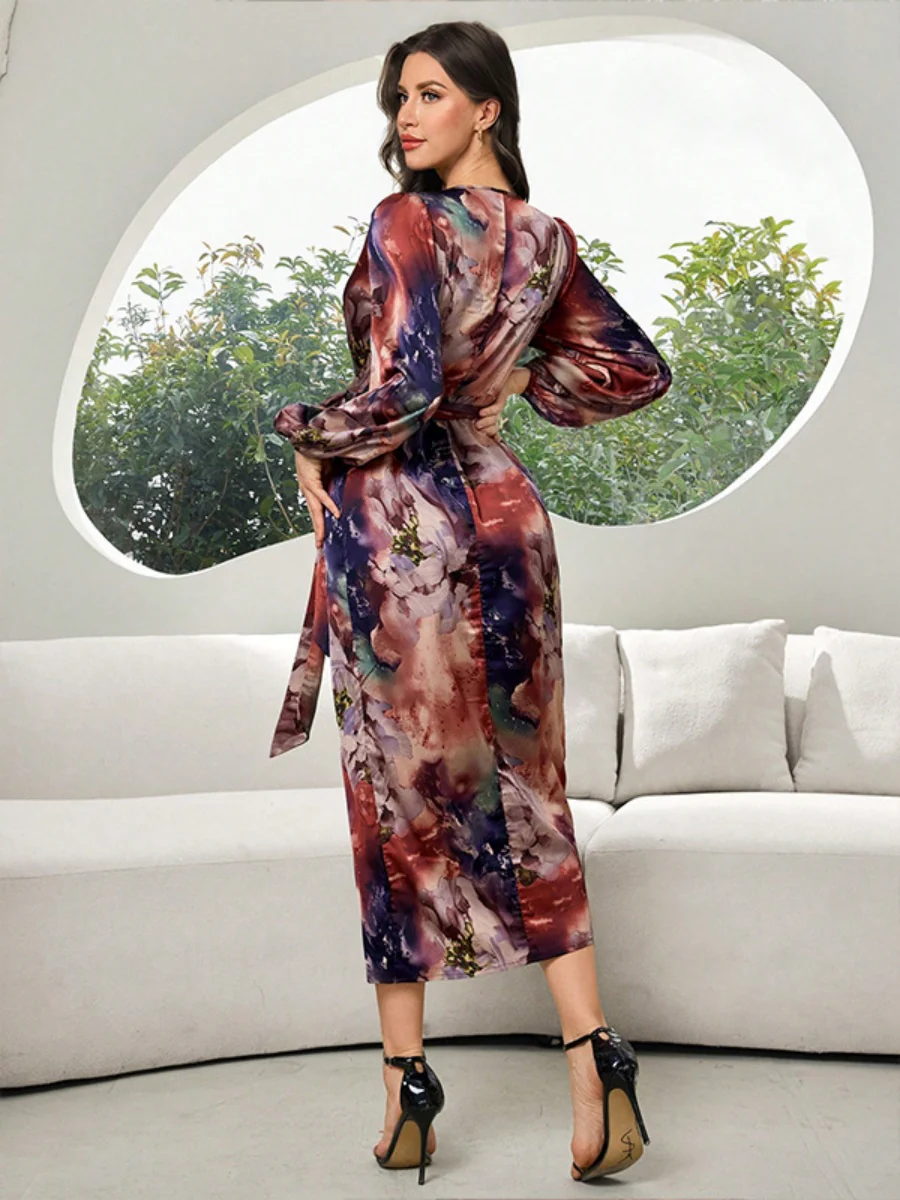 Printed V-neck Cardigan With Belt Midi Dresses - Image 12
