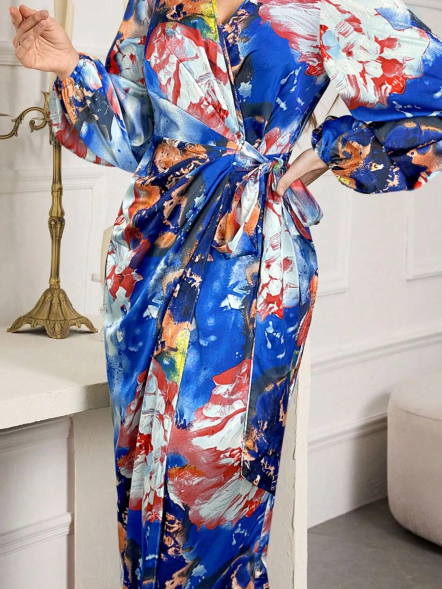 Printed V-neck Cardigan With Belt Midi Dresses - Image 23