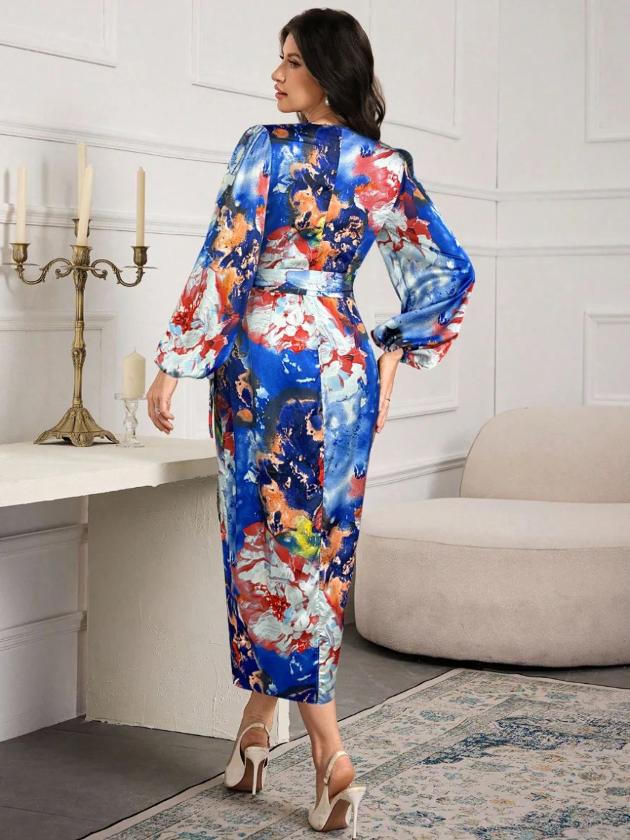 Printed V-neck Cardigan With Belt Midi Dresses - Image 24