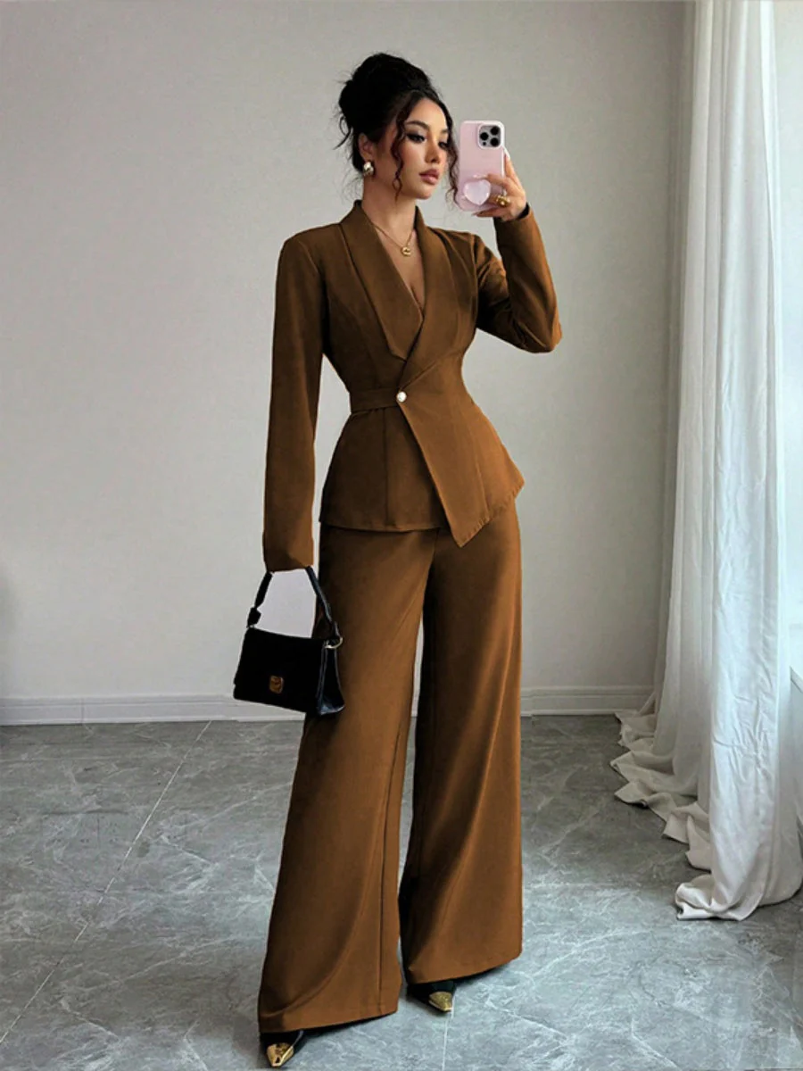 Long Sleeve Single Buckle Blazers Straight-leg Pants 2-piece Sets - Image 3