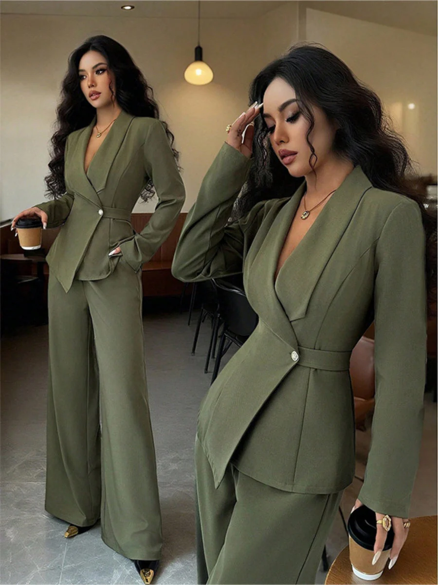 Long Sleeve Single Buckle Blazers Straight-leg Pants 2-piece Sets - Image 5