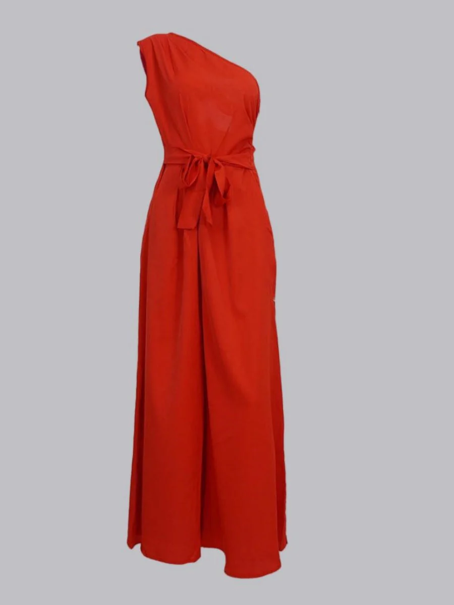 One Shoulder High Waist Lace Up Wide Leg Jumpsuits - Image 2