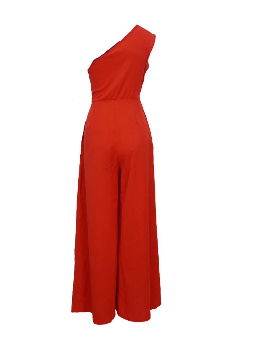 One Shoulder High Waist Lace Up Wide Leg Jumpsuits - Image 3