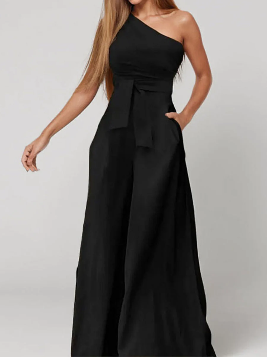 One Shoulder High Waist Lace Up Wide Leg Jumpsuits - Image 6