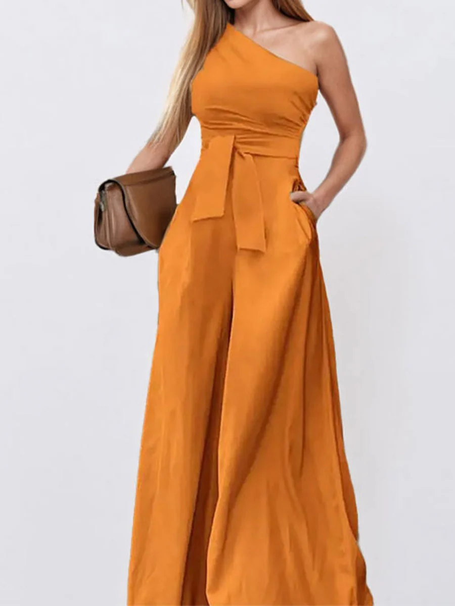 One Shoulder High Waist Lace Up Wide Leg Jumpsuits - Image 7