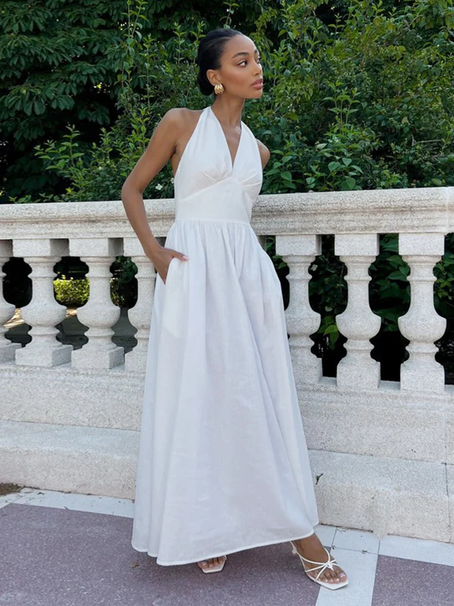 Halter V-neck Solid Color Maxi Dresses - Image 13