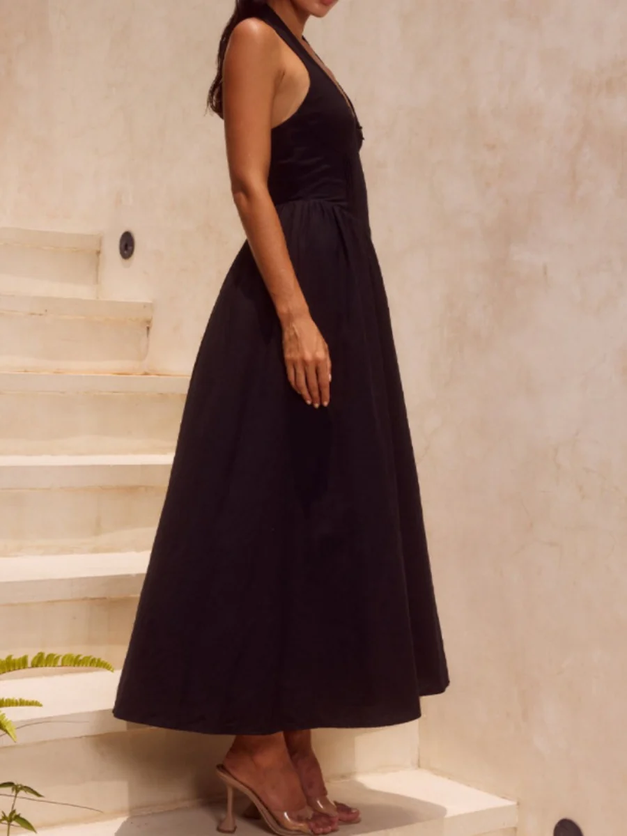 Halter V-neck Solid Color Maxi Dresses - Image 15