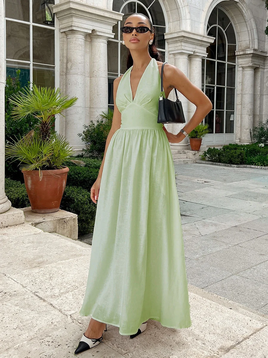 Halter V-neck Solid Color Maxi Dresses - Image 2