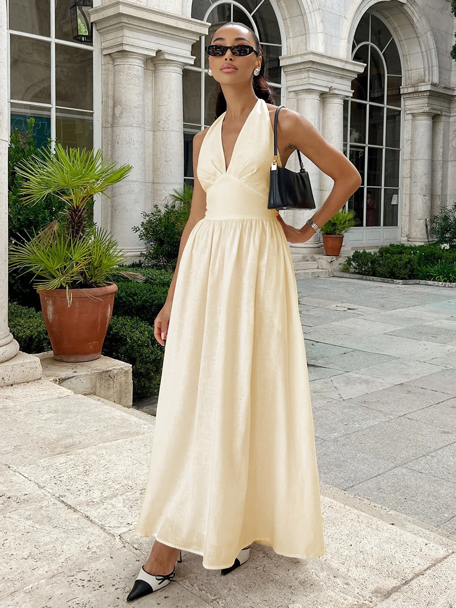 Halter V-neck Solid Color Maxi Dresses - Image 3