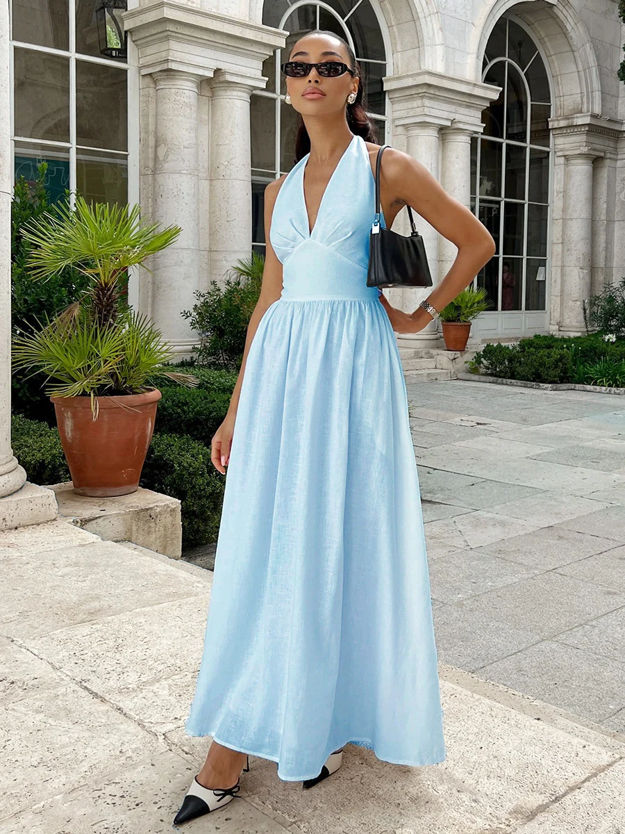 Halter V-neck Solid Color Maxi Dresses - Image 4