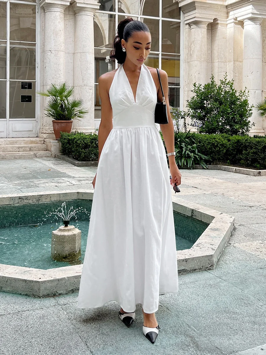 Halter V-neck Solid Color Maxi Dresses - Image 5