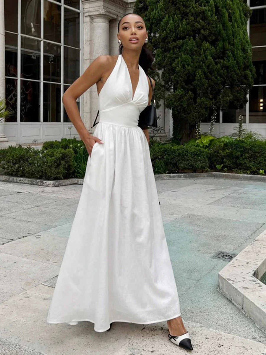 Halter V-neck Solid Color Maxi Dresses - Image 6