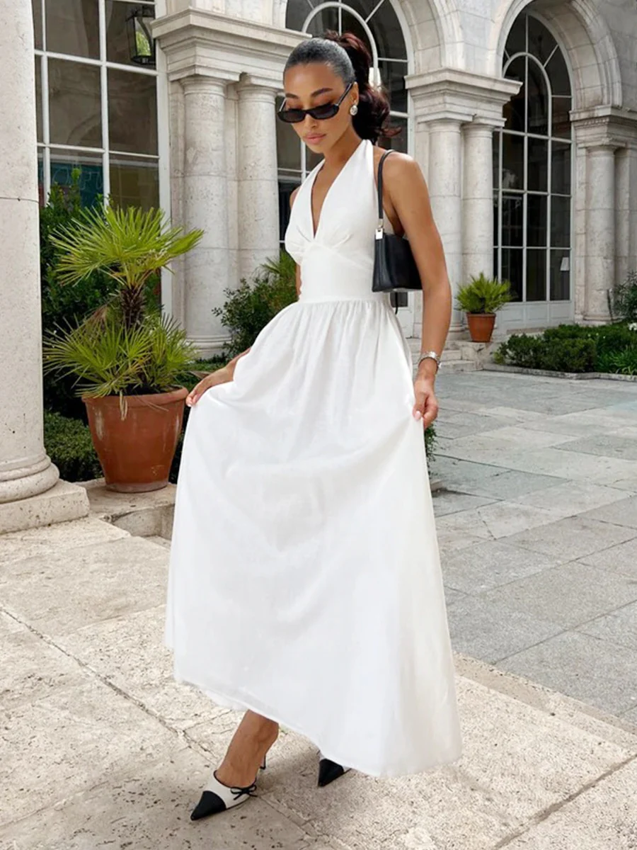 Halter V-neck Solid Color Maxi Dresses - Image 7