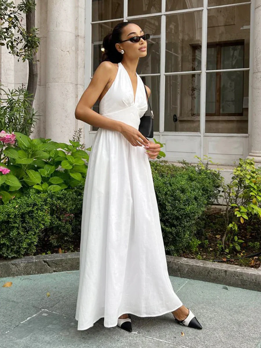 Halter V-neck Solid Color Maxi Dresses - Image 8