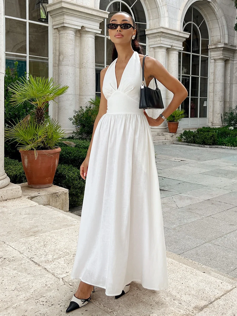 Halter V-neck Solid Color Maxi Dresses - Image 9