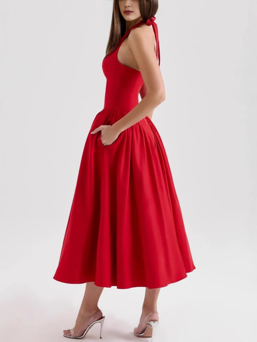 V-neck Halter Big Swing Backless Solid Color Maxi Dresses - Image 2