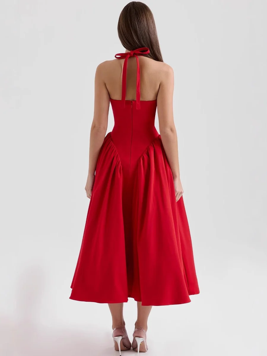 V-neck Halter Big Swing Backless Solid Color Maxi Dresses - Image 3
