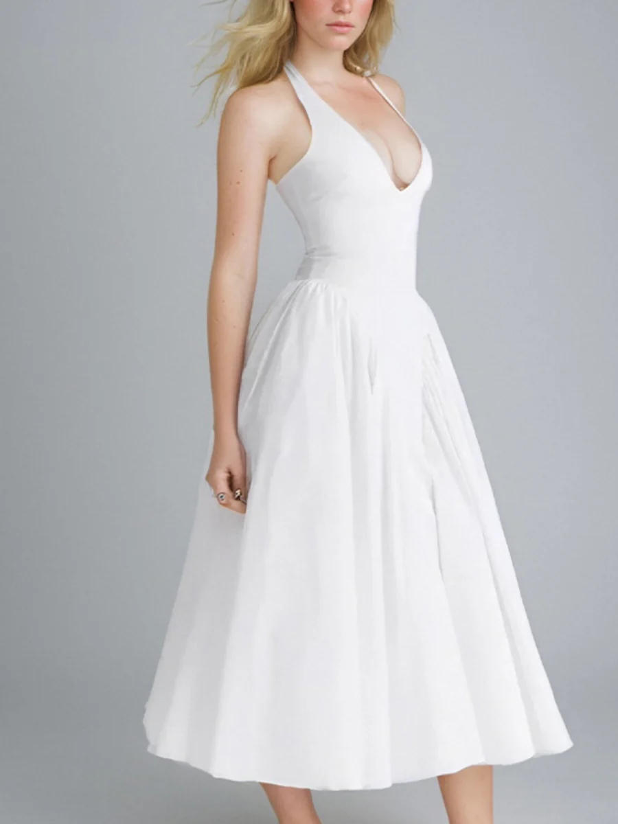 V-neck Halter Big Swing Backless Solid Color Maxi Dresses - Image 4