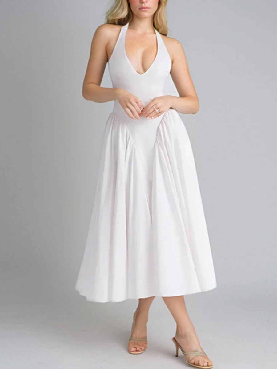 V-neck Halter Big Swing Backless Solid Color Maxi Dresses - Image 7