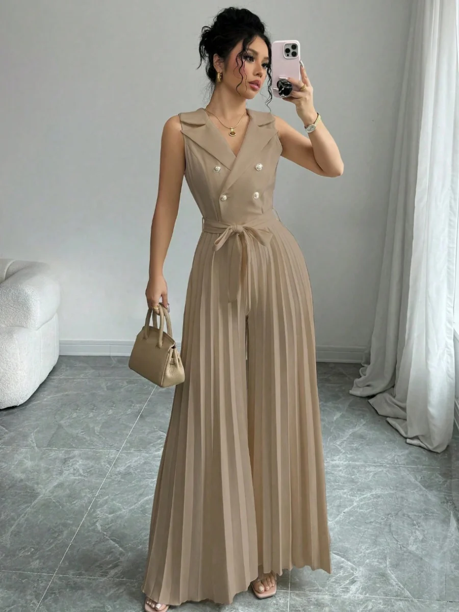 Commuting Suit Collar Pleated Pants Double-breasted Jumpsuits - Image 2