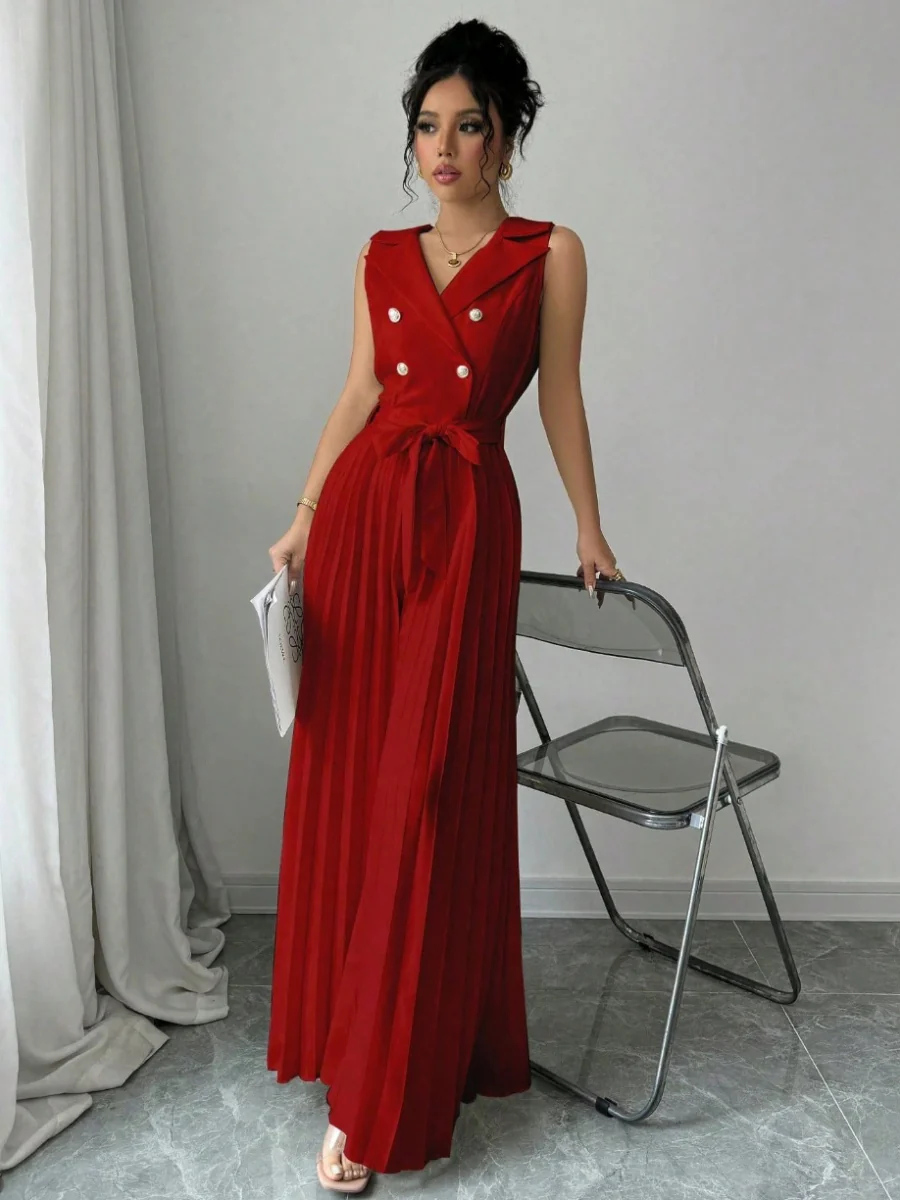 Commuting Suit Collar Pleated Pants Double-breasted Jumpsuits - Image 29