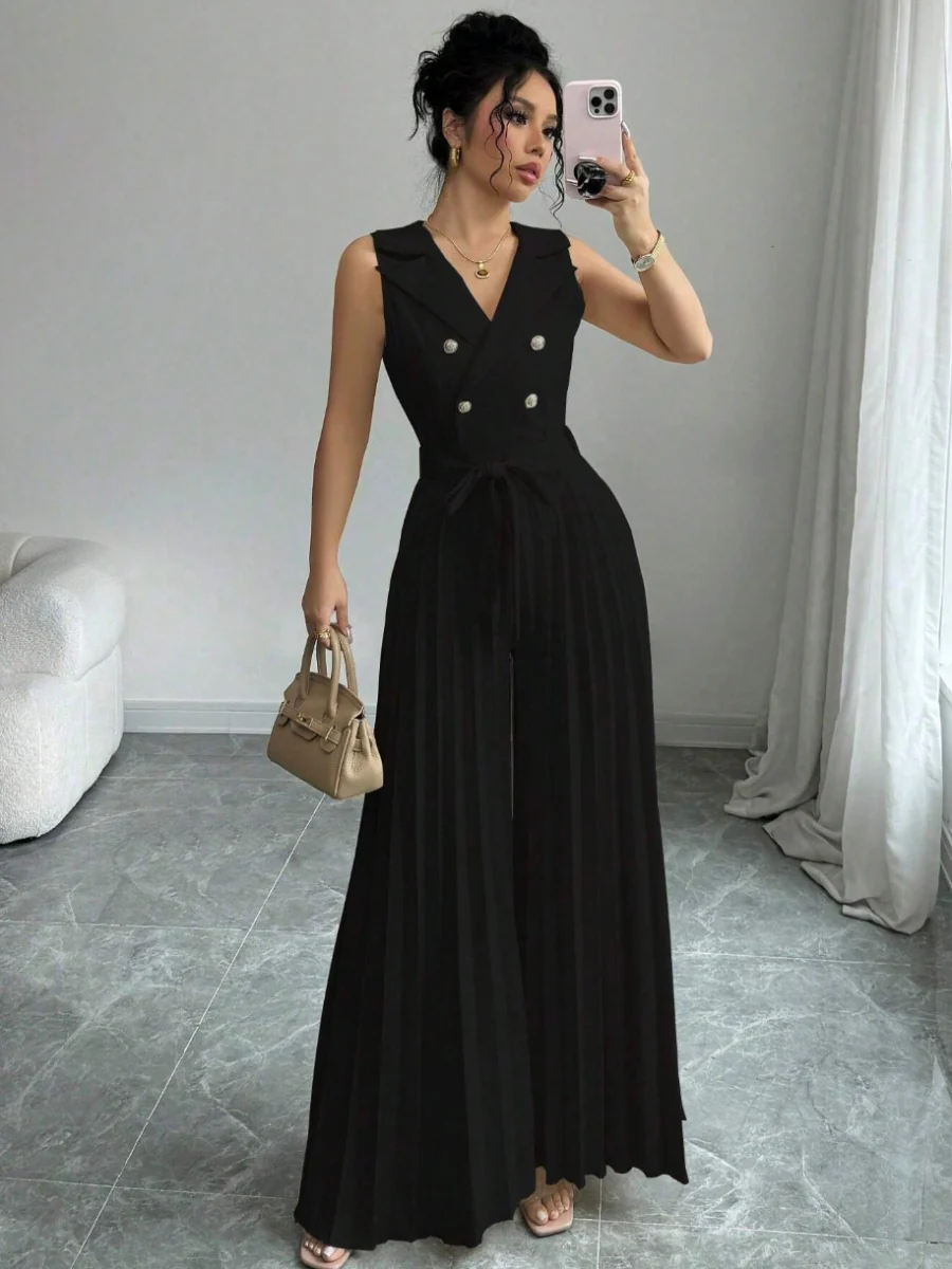 Commuting Suit Collar Pleated Pants Double-breasted Jumpsuits - Image 9
