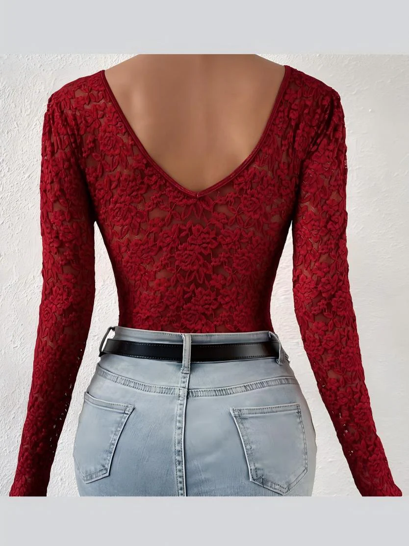 Lace Long Sleeve Perspective Slim Fit Bodysuit - Image 9